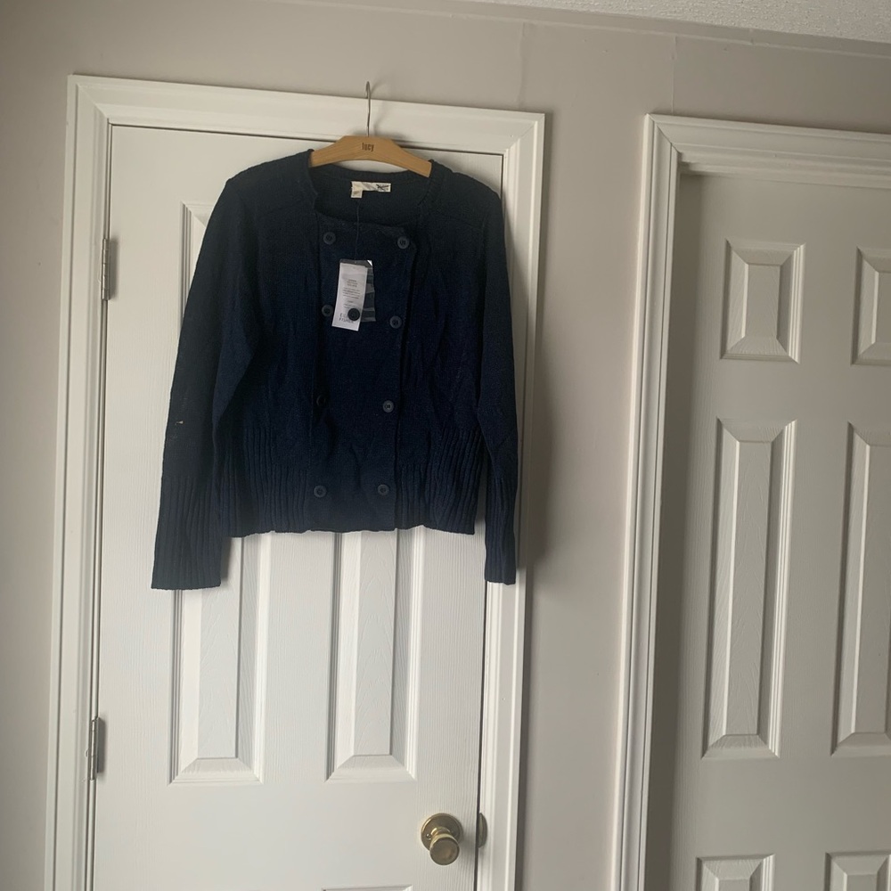 Eileen Fisher Navy Double-Breasted Knit Cardigan